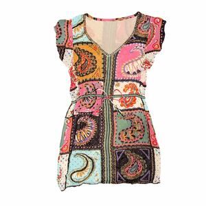 Vintage Y2K Boho Patchwork Paisley Midi Dress Studded Neckline 100% Viscose